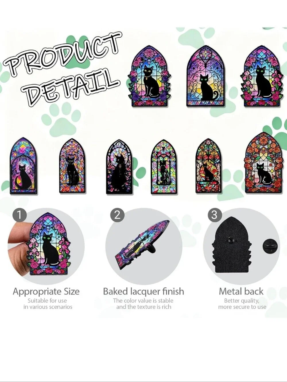 Black Cat Stained Glass Window 9 Pc Enamel Pin Set - Multicolor